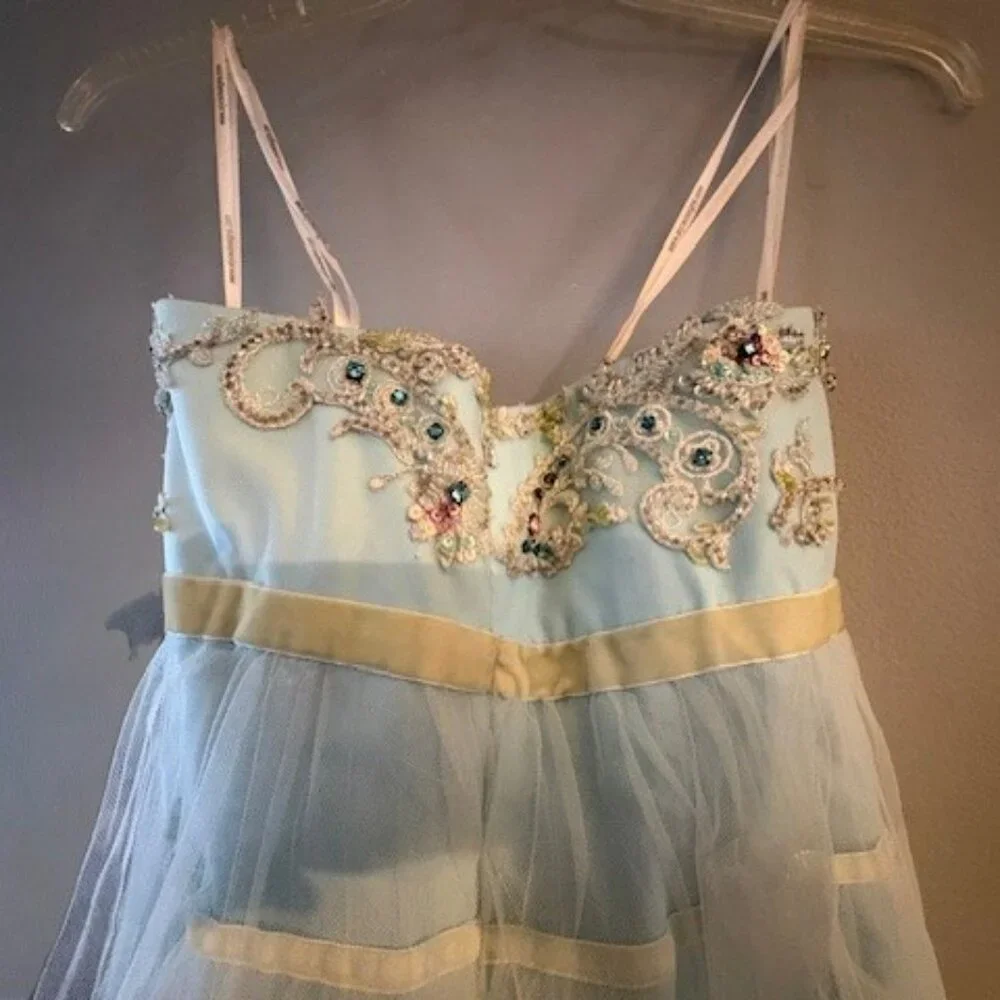 Alyce Paris Light Blue and Cream Strapless Ruffled Dress - Picture 4 of 6